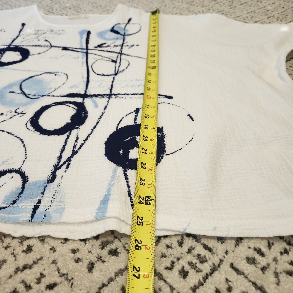 Jess & Jane Gauzy Boxy Balboa Tunic Top White Black Blue Cotton Circles Lines L - Picture 8 of 13
